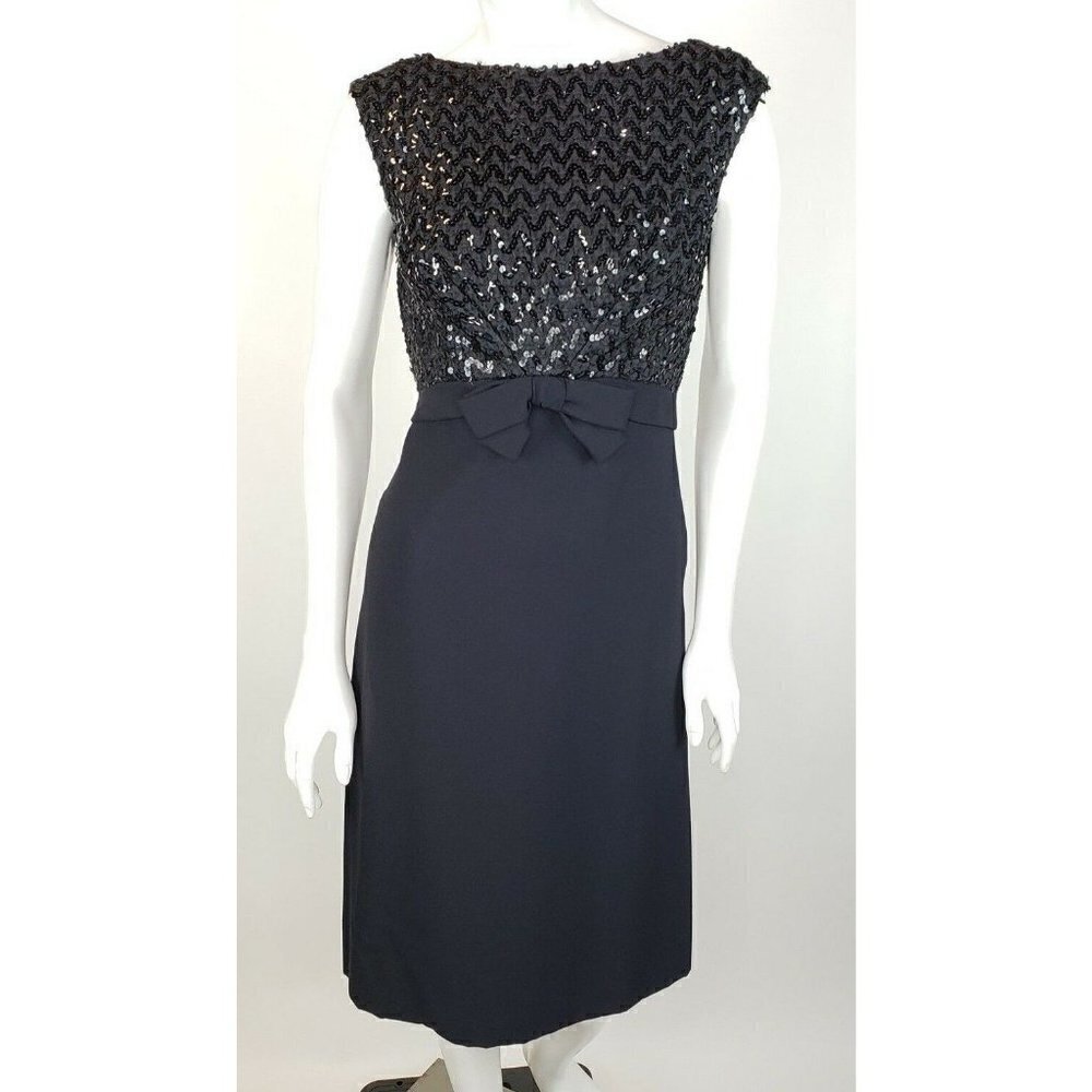 Vintage Jane Andre California Black Sleeveless Dress Sequins Bow  LBD